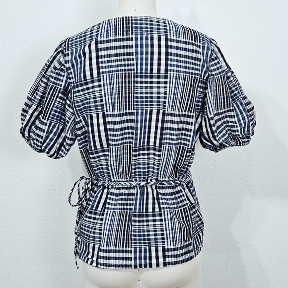 J. Crew Puff Sleeve Wrap Top Patchwork Indigo Blue Cotton Medium - Picture 7 of 10